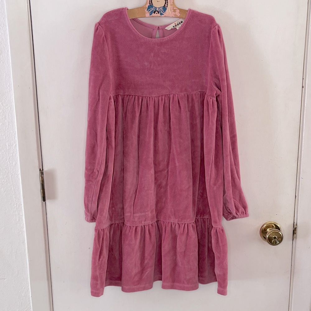 Mini Boden pink velour long sleeve dress with large ruffle Size 11-12 year